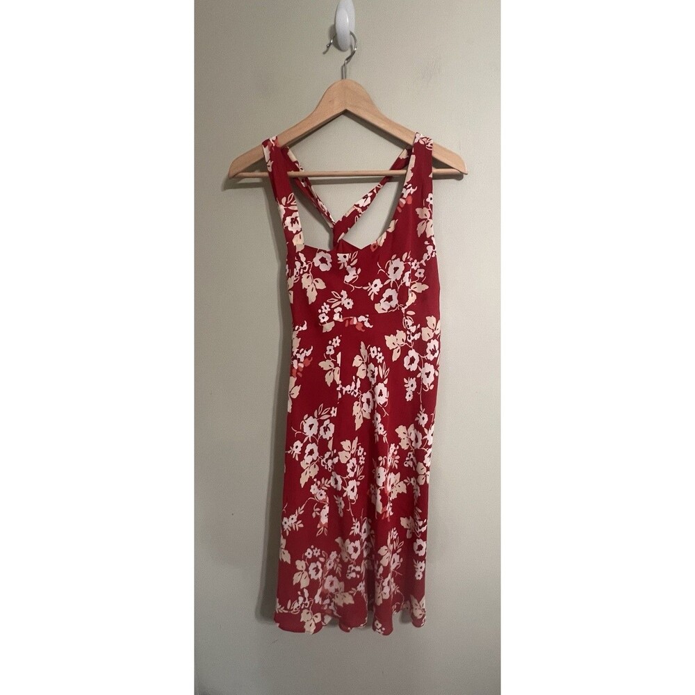 Ann Taylor Loft Size 6p Red Floral Cross Strap Back Midi Dress  100% Silk